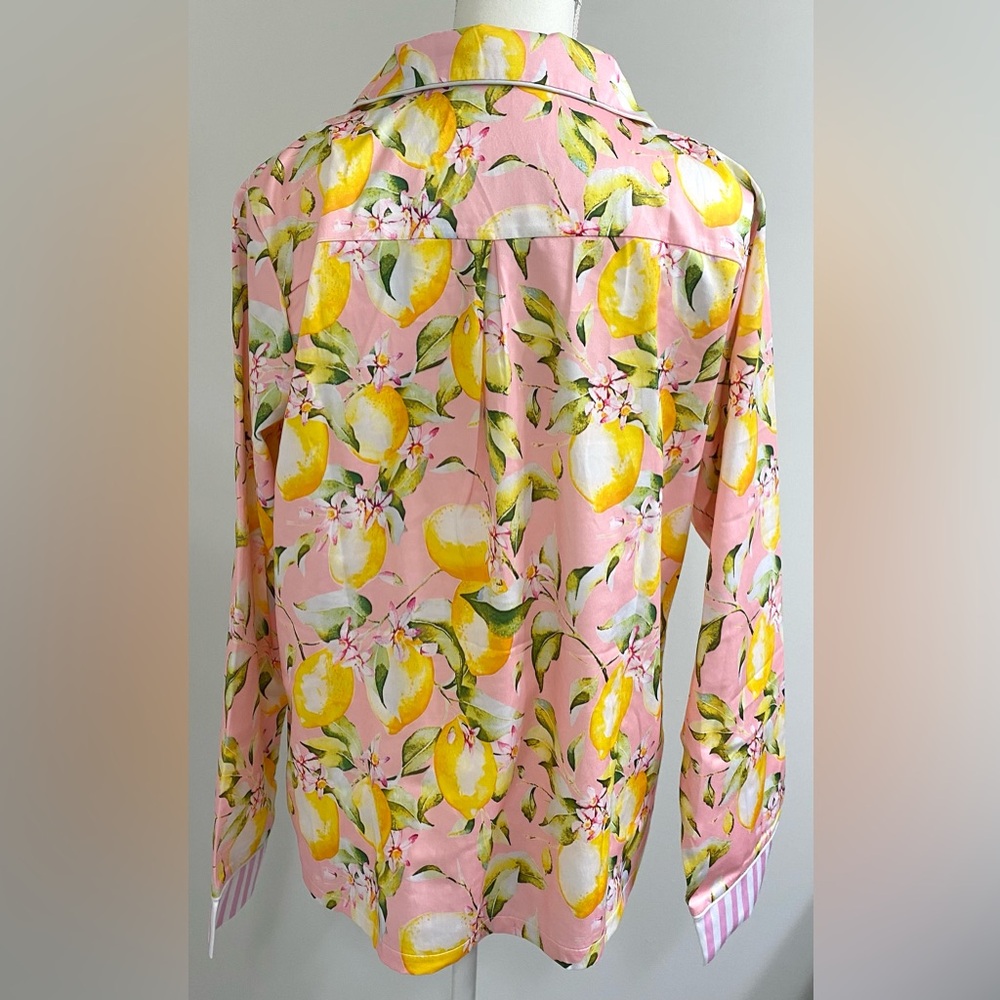 Womens L Pink w/ Yellow Lemon Print Long Sleeve Pajama Shorts Set Preppy Classic - Picture 6 of 16
